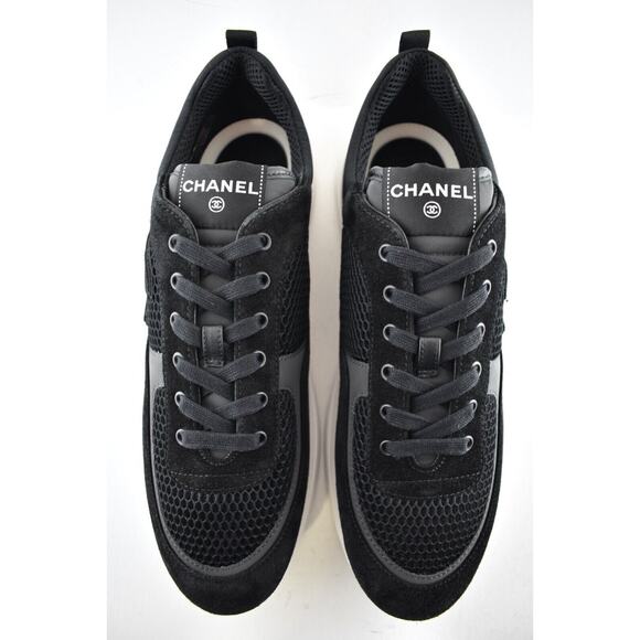 Chanel 22P Mens Black White Suede CC Logo Low Top Lace Up Trainer Sneaker 45 12 - Picture 8 of 12